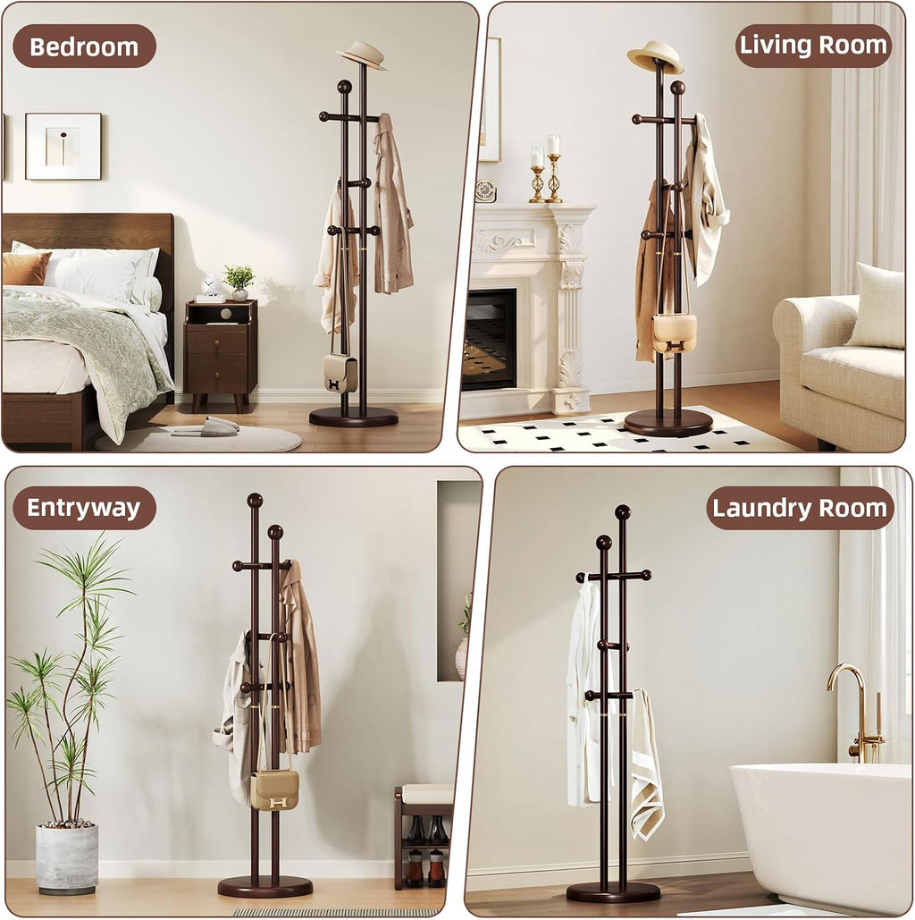CozyDH Coat Rack Wooden Freestanding - Wood Coat Rack Freestanding Heavy Duty, Wooden Coat Stand with 6 Hooks Creative Look for Entryway, Hallway, Bedroom (Dark Walnut)