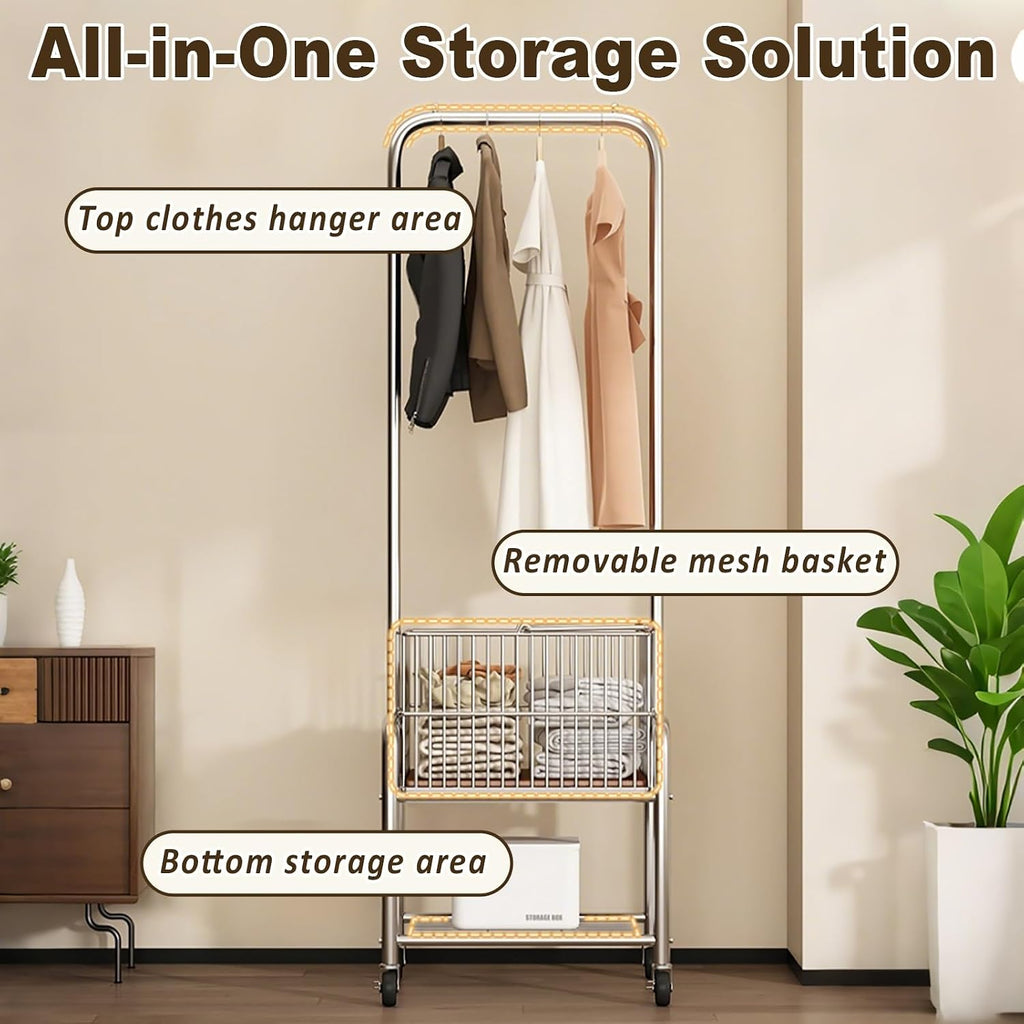 Garment Rack With Wheels, Rolling Clothing Racks For Hanging Clothes, Clothes Rack With Shelves, Metal Freestanding Clothing Organizer, For Bedroom Living Room