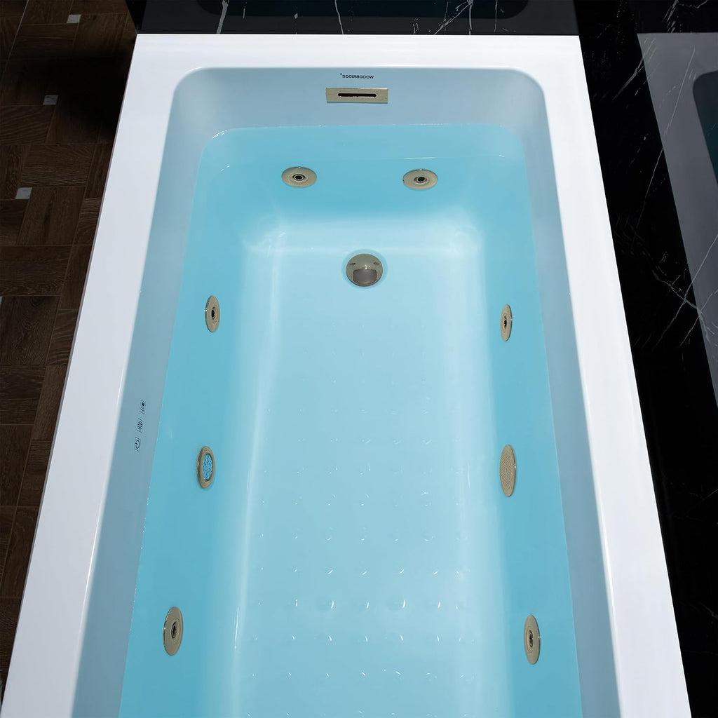 WOODBRIDGE 60' x 30' Alcove Acrylic Rectangular Whirlpool Heated Jetted Tub in White with Left Drain, Brushed Gold Finish Trim and Drain Kit Included, BS428-L-BG03