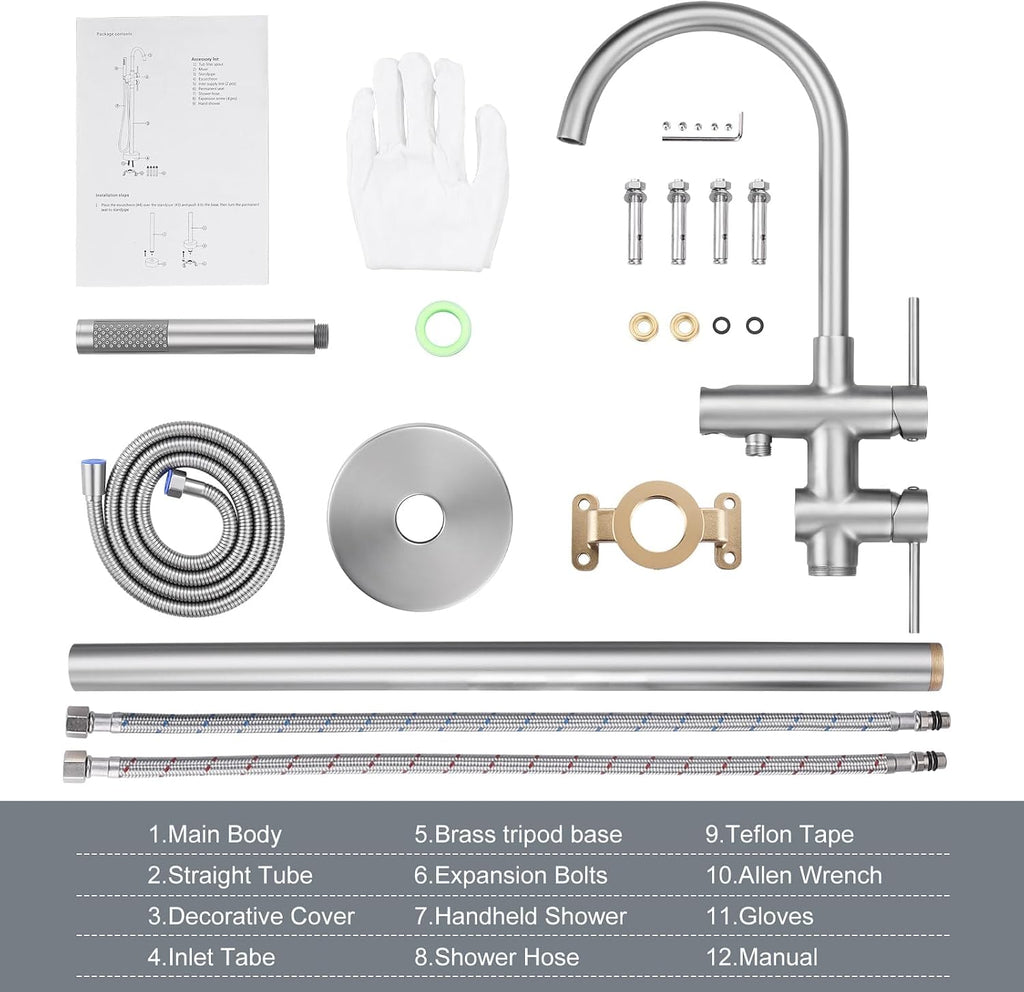 Freestanding Tub Filler Faucet, Floor Mount Brushed Nickel Bathtub Faucet with Single Handheld Shower, Brass Shower Tub Faucet Set Complete, Bathtub Faucet with Shower