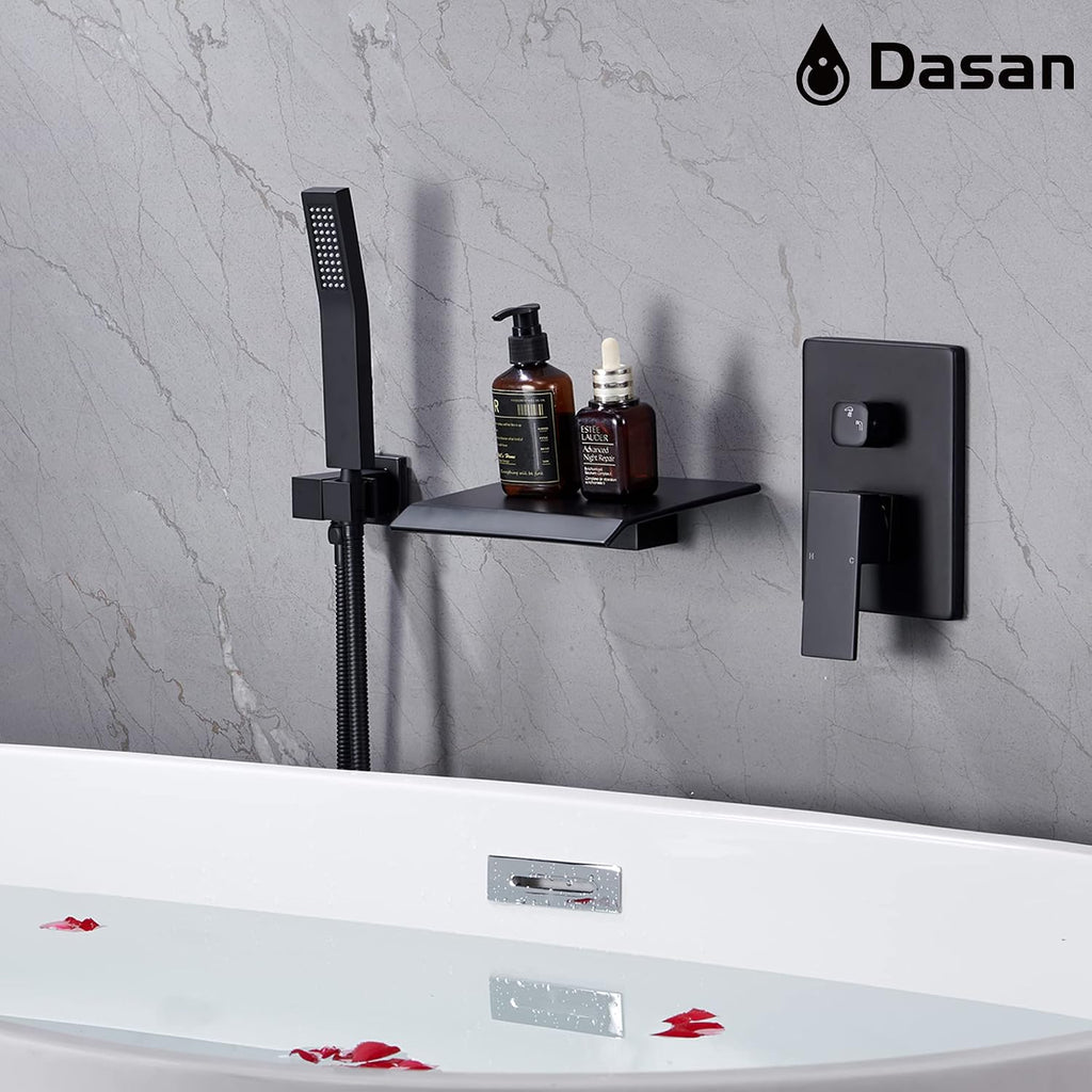 Upgraded Wall Mount Tub Filler Faucet with Handheld Shower, DASAN Modern Wall Mounted Bathtub Faucet Matte Black High Flow Waterfall Tub Faucet with Rough in Valve, SA-TF04WH-MB
