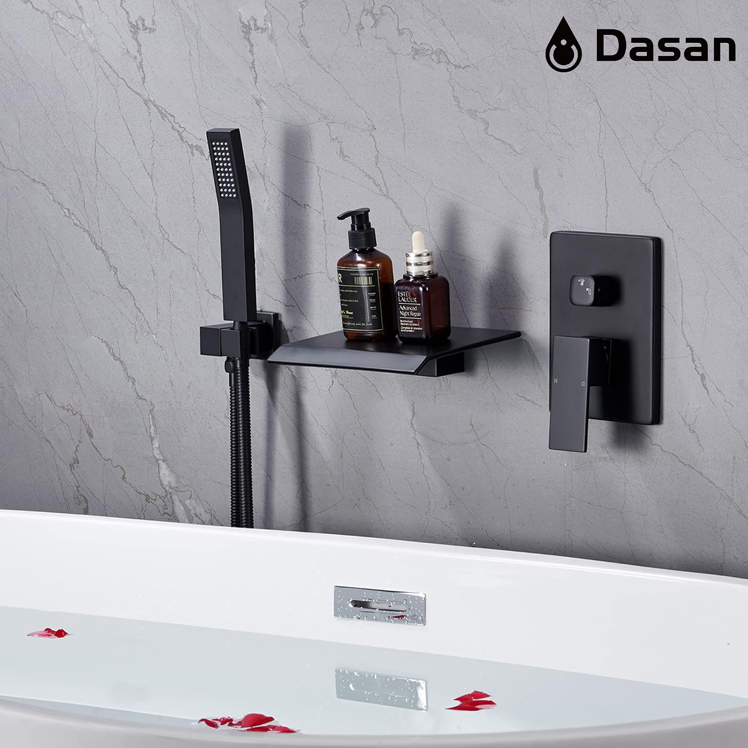 Upgraded Wall Mount Tub Filler Faucet with Handheld Shower, DASAN Modern Wall Mounted Bathtub Faucet Matte Black High Flow Waterfall Tub Faucet with Rough in Valve, SA-TF04WH-MB