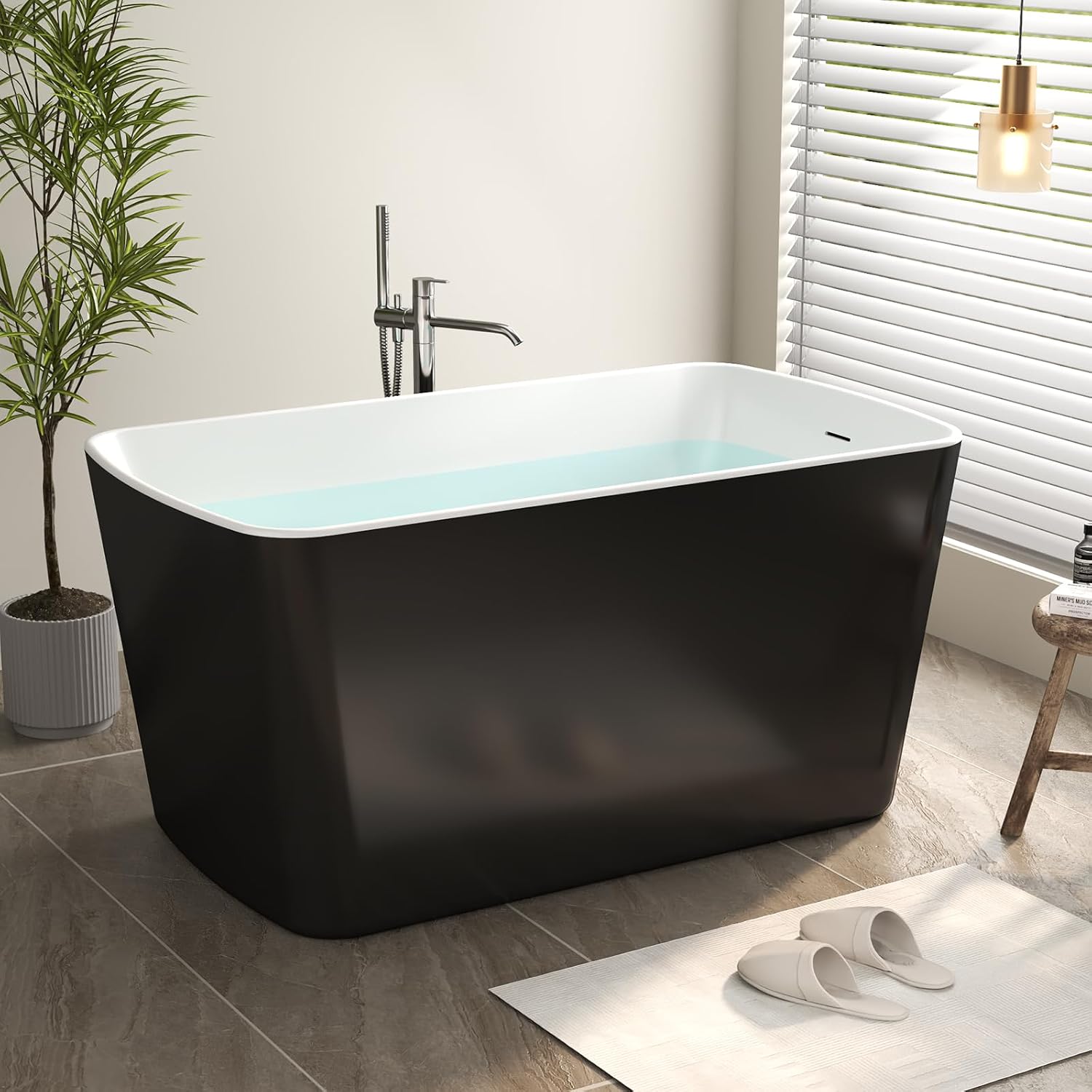 Zevemomo 49' Glossy White Acrylic Freestanding Soaking Tub w/Seat- Contemporary Design with Toe-Tap Drain & Brushed Nickel Overflow - 55 Gal, cUPC Certified