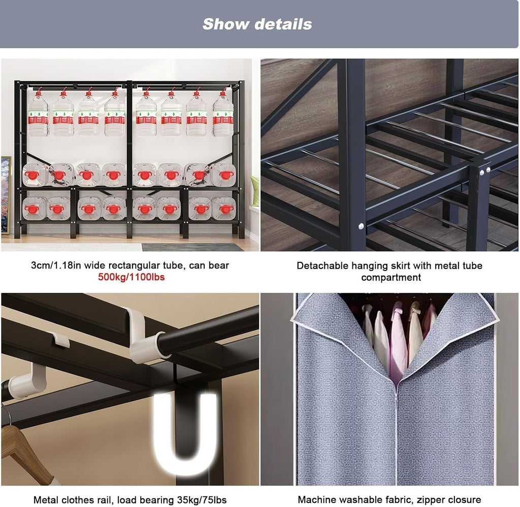 Metal Wardrobe Closet - Bedroom Fabric Wardrobe, Portable Wardrobe Closet Rack, Heavy-Duty Foldable Garment Rack With Cover, 1100lbs, Freestanding Rack Clothes Organizer System, For Corridor(190*50*17