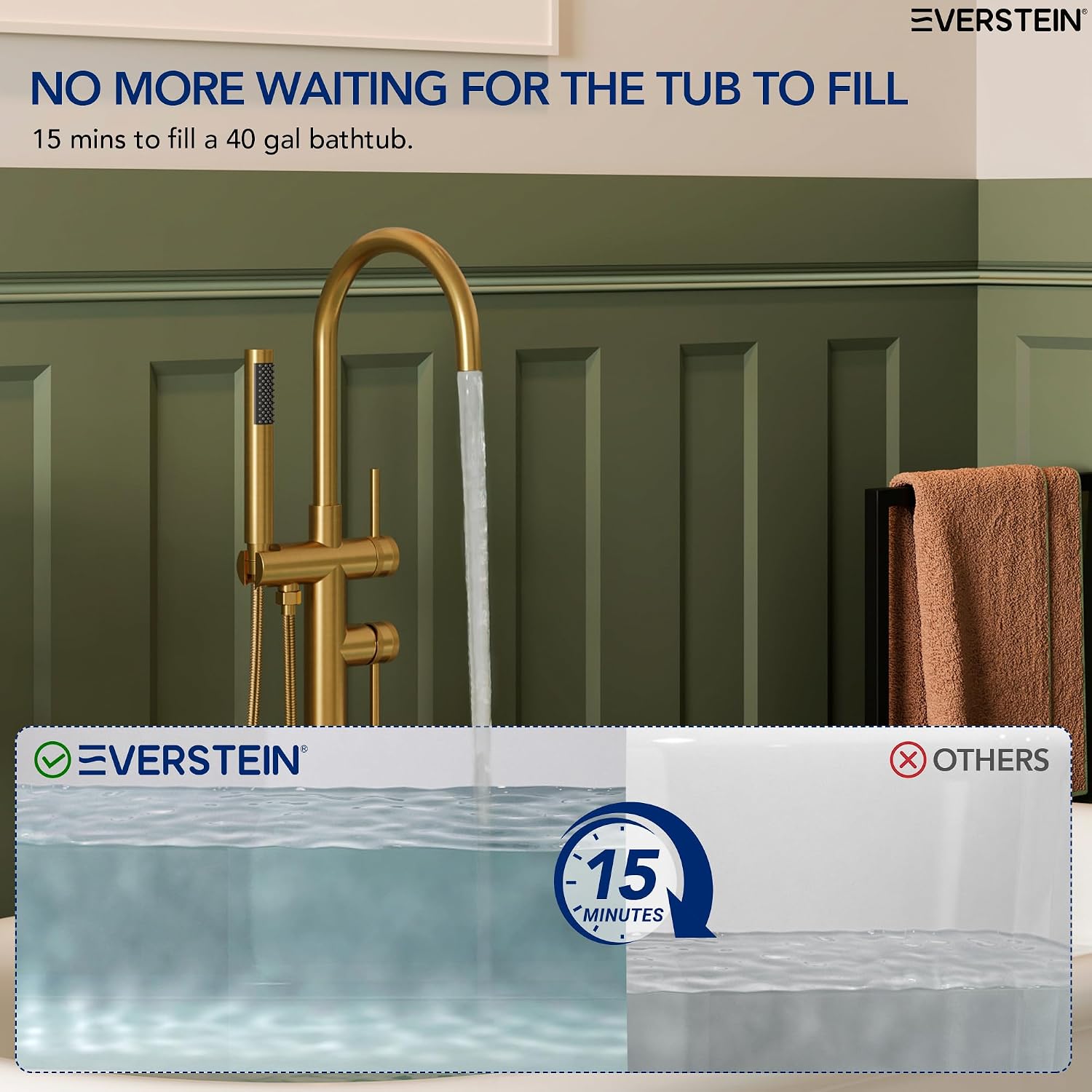 Freestanding Bathtub Faucet with Hand Held Shower, Floor Mount Tub Filler, Dual Handle Brass Bath Tub Faucet, Valve Included，Brushed Gold