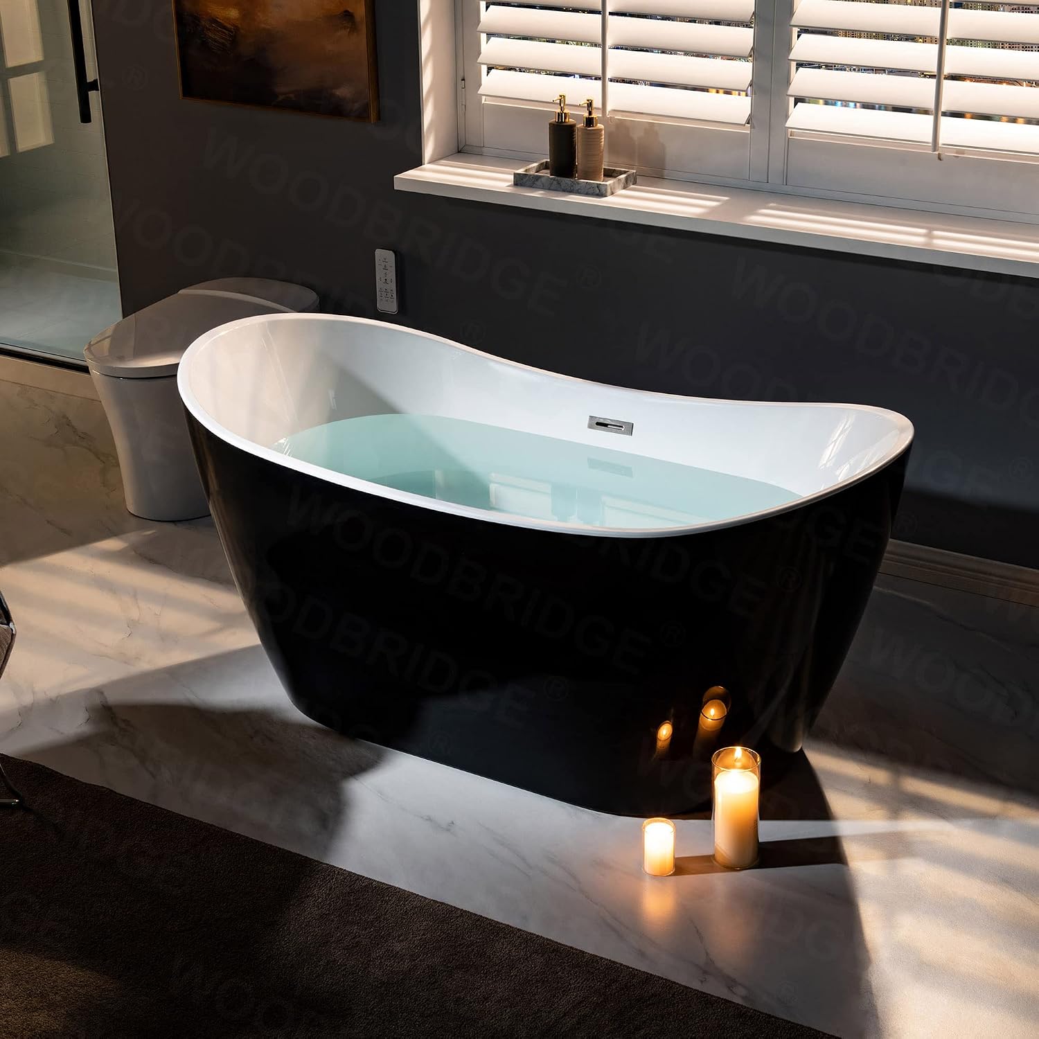 WOODBRIDGE 59' Acrylic Freestanding Bathtub Contemporary Soaking Tub, Black Acrylic(Brushed Nickel Drain/Overflow),BTA1816-BN