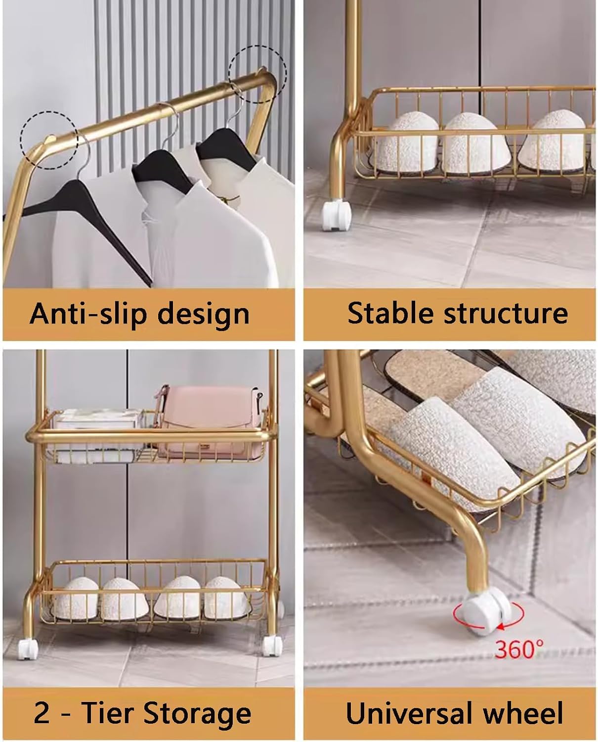 Heavy duty Garment rack 2-In-1 Clothes Rack With 2 Storage Basket, Heavy Duty Metal Clothing Rack With Wheels, Rolling Clothes Organizer For Hanging Clothes, Freestanding Coat Rack For Bedroom (Gold