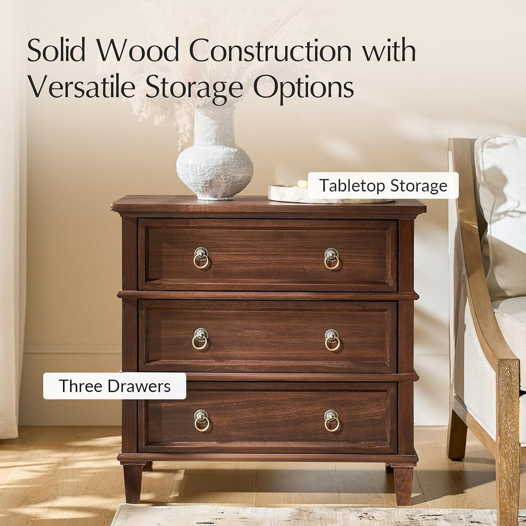 HULALA HOME Farmhouse End Table with 3 Drawers, Paulownia Solid Wood Side Table with Vintage Knobs, Ancient End Table with Charging Station, Easy Assembly, Walnut