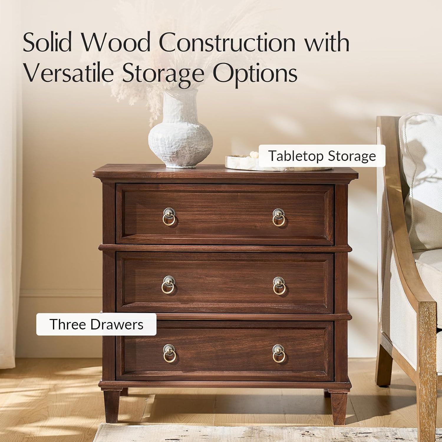 HULALA HOME Farmhouse End Table with 3 Drawers, Paulownia Solid Wood Side Table with Vintage Knobs, Ancient End Table with Charging Station, Easy Assembly, Walnut