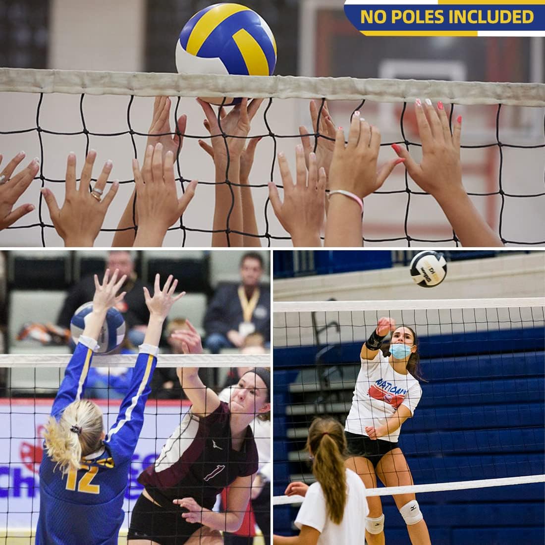 Replacement Professional Sports Volleyball Net with High Strength Cable & Two Side Tape Reinforcement Dowels，4 Inch Square Mesh Heavy-Duty Net for Indoor Outdoor（Standard 3'H x 32'L）