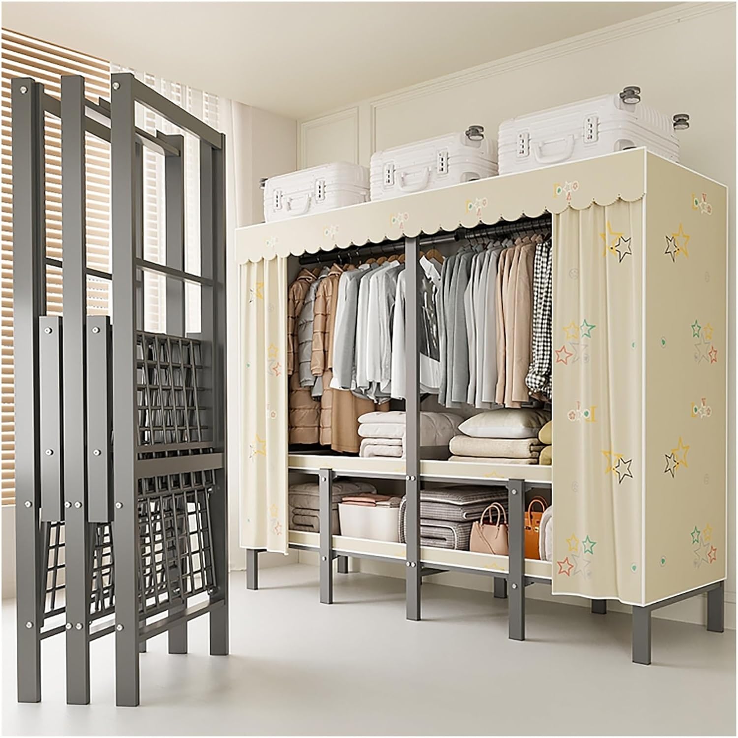 Heavy Duty Portable Closet With Cover, Foldable Clothe Garment Rack For Hanging, Foldable Covered Clothes Rack, Freestanding Clothing Coat Storage Rack(151cm/59.4inch)