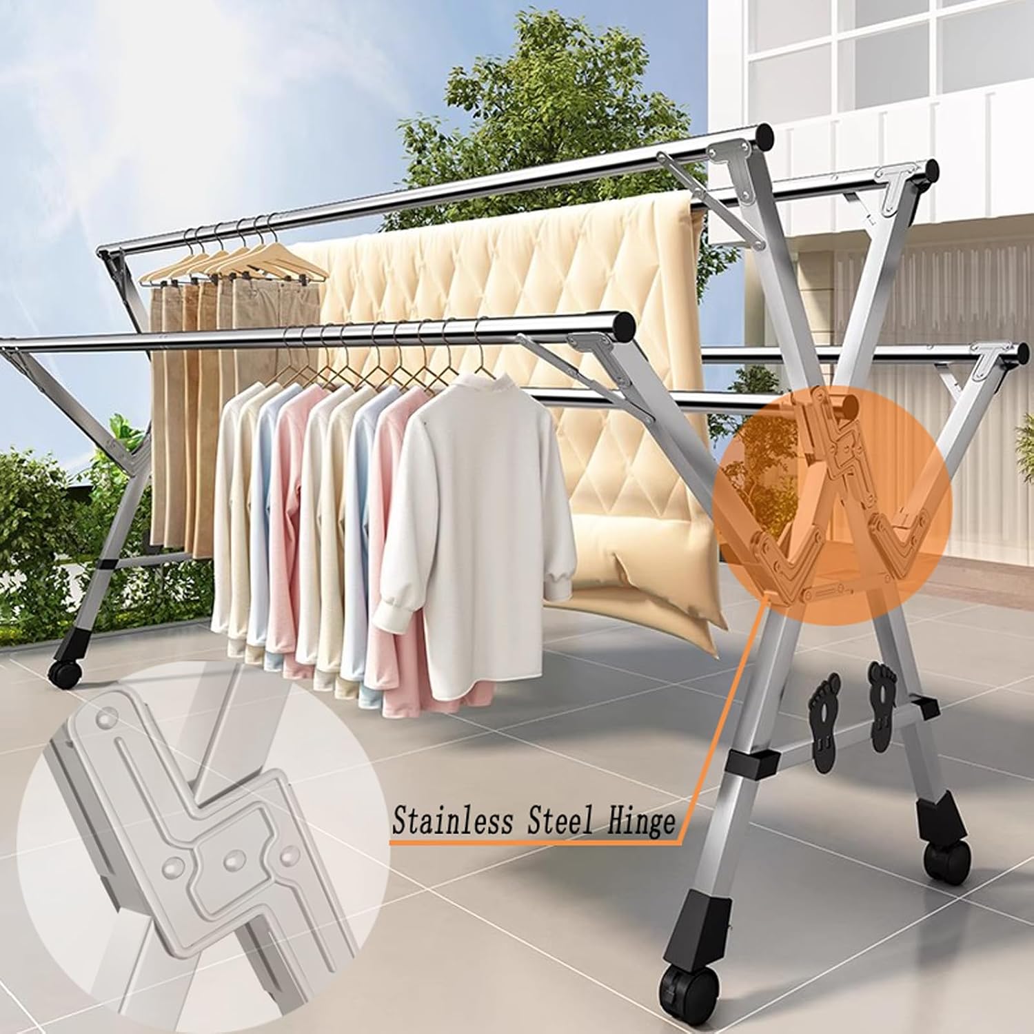 Portable Clothes Drying Rack Outdoor, Garment Rack On Wheels, Laundry Stand Organizer Stainless Steel, Clothes Drying Racks for Laundry Collapsible, for Indoor or Outdoor Use (C 2.4m/94in)