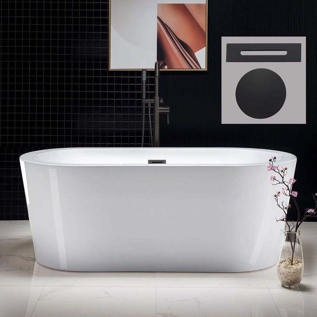 WOODBRIDGE 59' Acrylic Freestanding Bathtub Contemporary Soaking White Tub with Matte Black Overflow and Drain，B0012 -MB-Drain &O