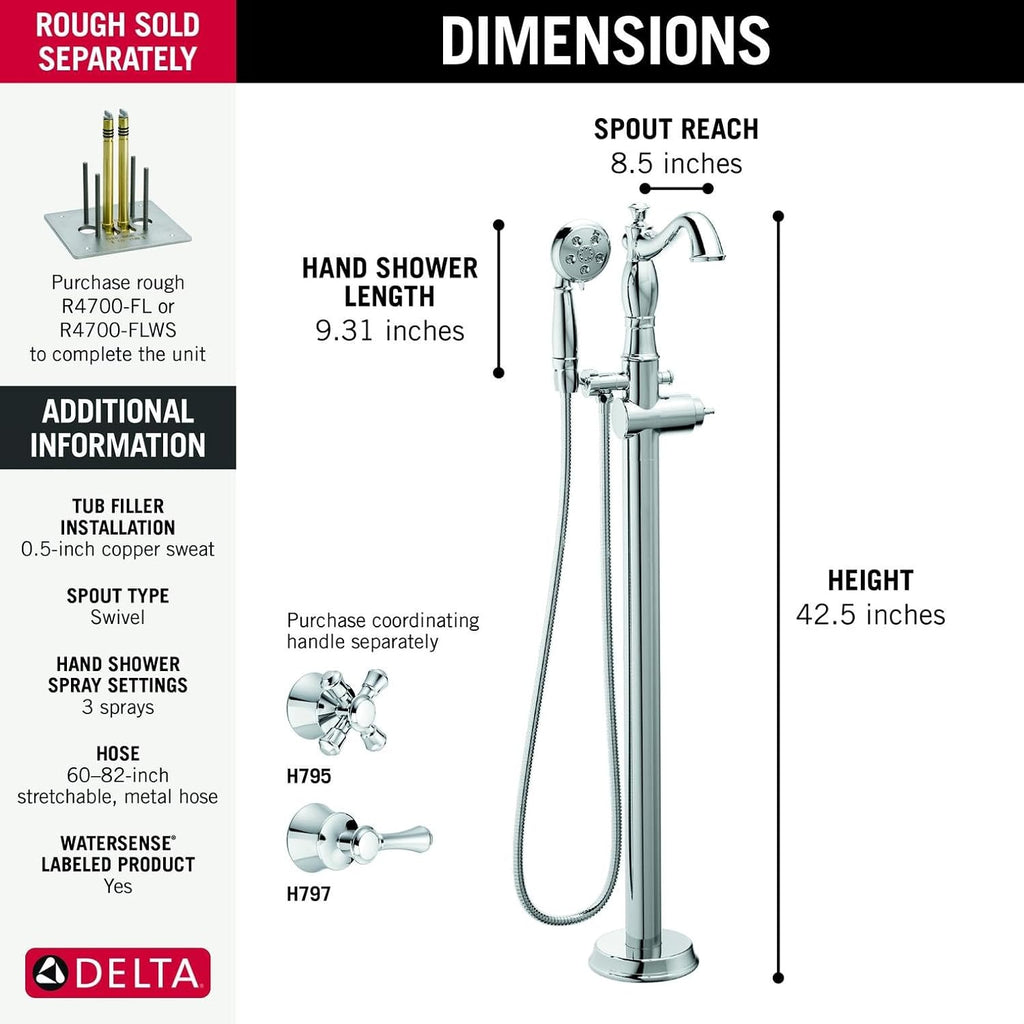 Delta Freestanding Tub Faucet with Hand Held Shower, Chrome Floor Mount Tub Filler, Chrome T4797-FL-LHP (Valve and Handle Not Included)