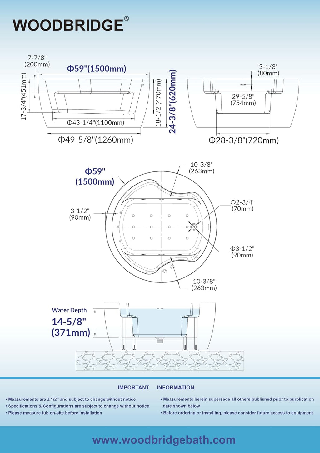 WOODBRIDGE Spacious 59' Whirlpool and Air Bath Heated Soaking Tub with Adjustable Speed Air Blower, LED Control Panel, Integrated Seat, BJ061