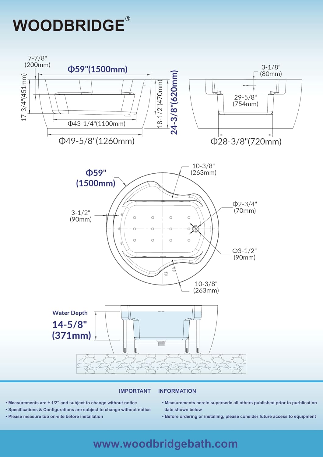 WOODBRIDGE Spacious 59' Whirlpool and Air Bath Heated Soaking Tub with Adjustable Speed Air Blower, LED Control Panel, Integrated Seat, BJ061