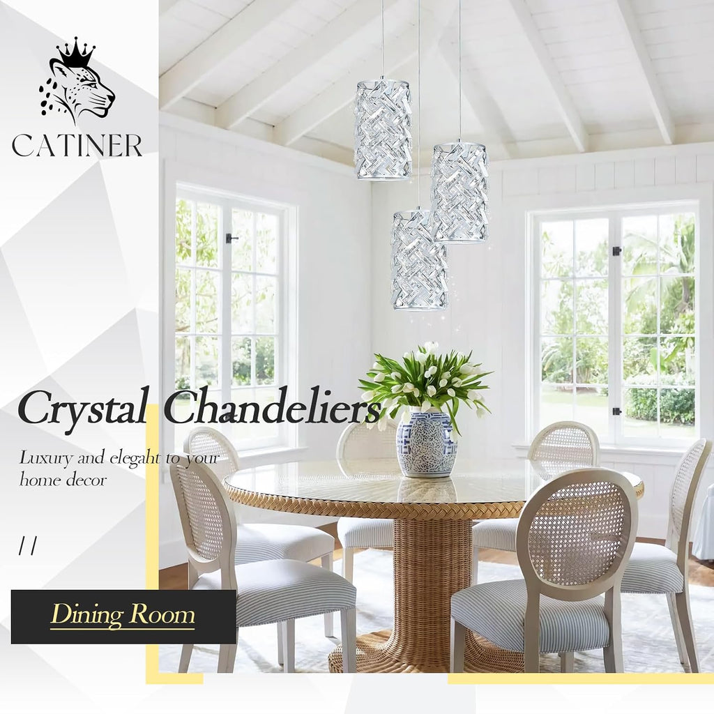CATINER 3-Light Modern Crystal Pendant Light, Chrome Mini Chandelier – Adjustable Cluster Pendant Lighting Fixture for Kitchen Island, Dining Room, Bedroom, Hallway, Porch