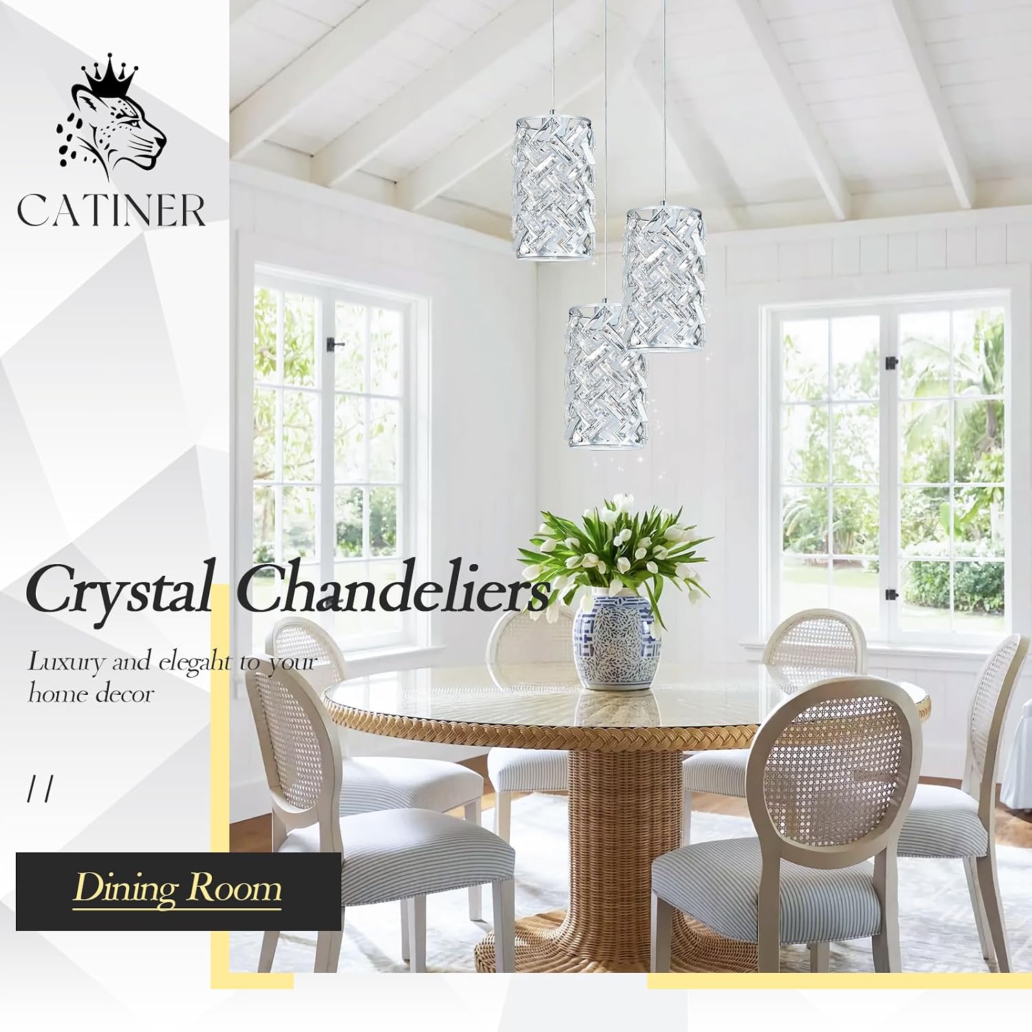 CATINER 3-Light Modern Crystal Pendant Light, Chrome Mini Chandelier – Adjustable Cluster Pendant Lighting Fixture for Kitchen Island, Dining Room, Bedroom, Hallway, Porch