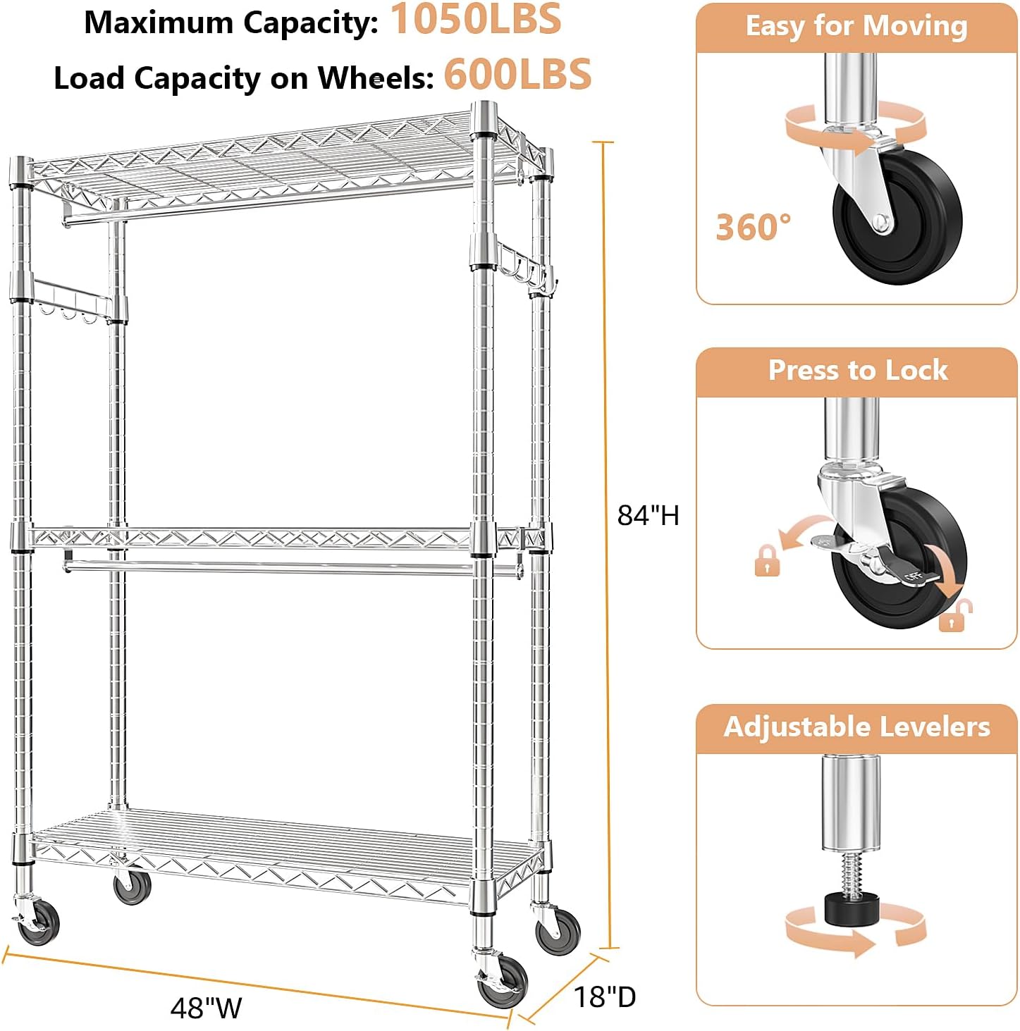 M MZG 2 PCS Heavy Duty Rolling Garment Rack 3 Tiers Adjustable Wire Shelving Clothes Rack with Rod and Side Hooks, Storage Closet Clothing Rack with Wheels Chrome 17.7' D x 47.2' W x 83.6' H