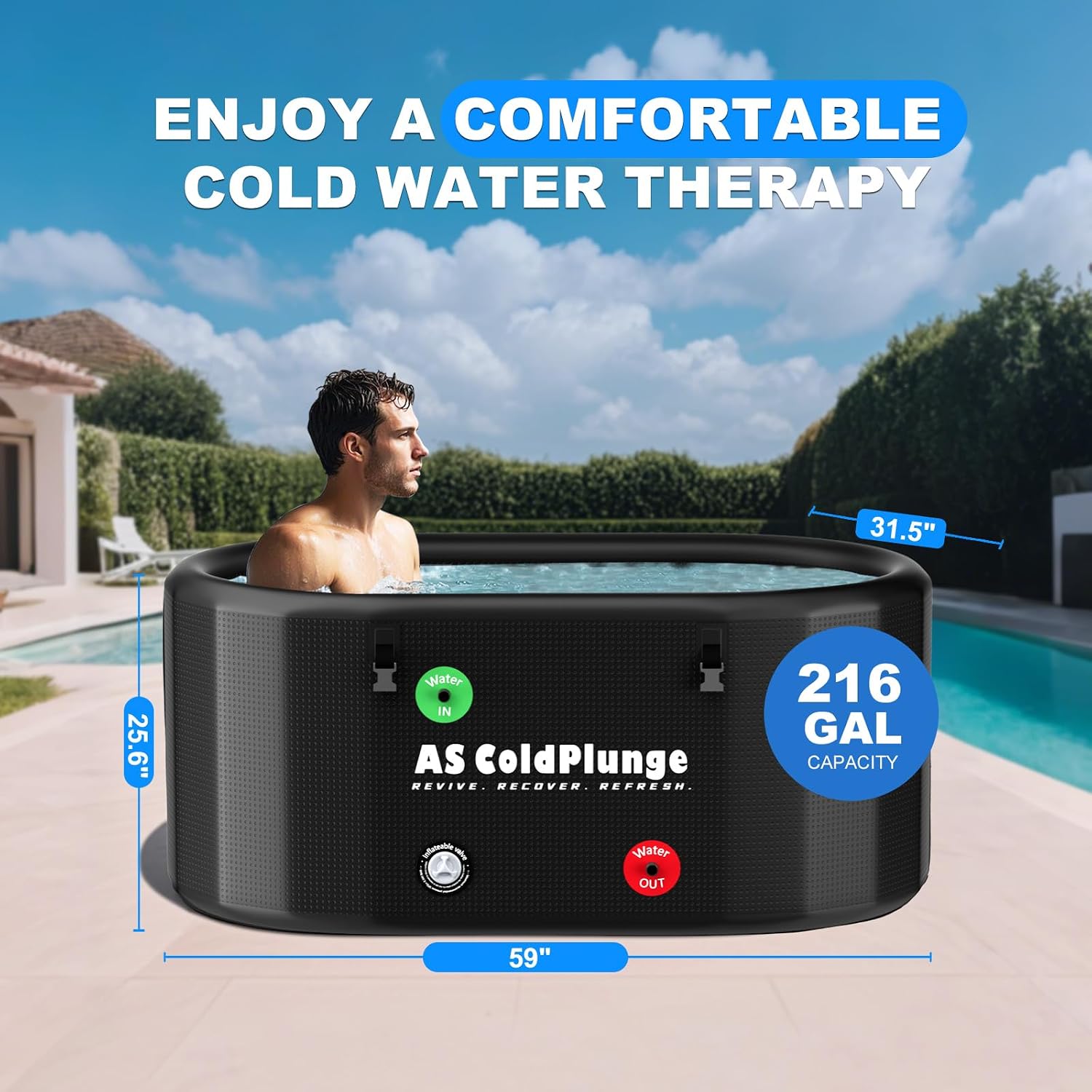 AS ColdPlunge XXL 216 Gallon Ice Bath Tub for Cold Plunge, Inflatable PVC Cold Plunge Tub with Insulated Lid, Chiller-Compatible Full-Body Cold Therapy Tub for Indoor & Outdoor Use