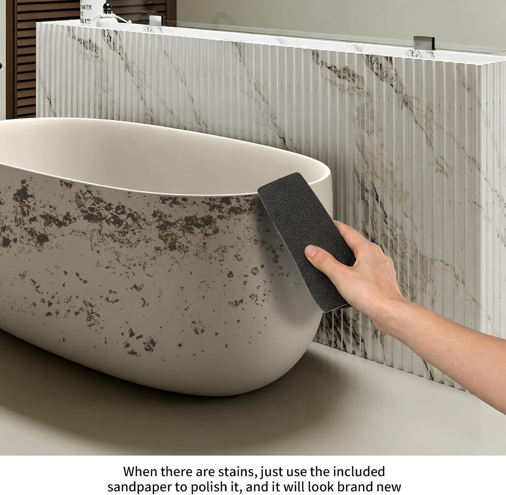 47' Stone Resin Freestanding Soaking Bathtub – Solid Surface Oval Tub for Small Bathroom, Modern Stand Alone Deep Soaking Tub with Slotted Overflow and Drain, Beige