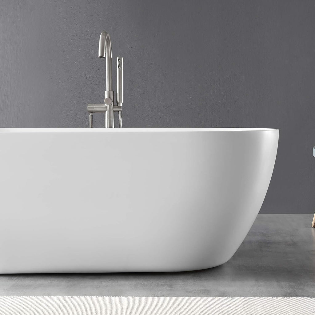 OVE Decors Ayago 59 in. Solid Surface Freestanding White Acrylic Soaking Bathtub, with Overflow and Satin Nickel Pop-up Drain