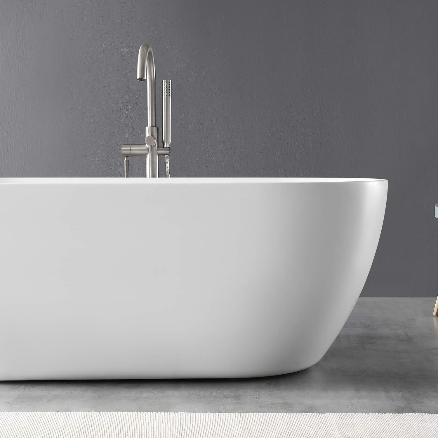 OVE Decors Ayago 59 in. Solid Surface Freestanding White Acrylic Soaking Bathtub, with Overflow and Satin Nickel Pop-up Drain