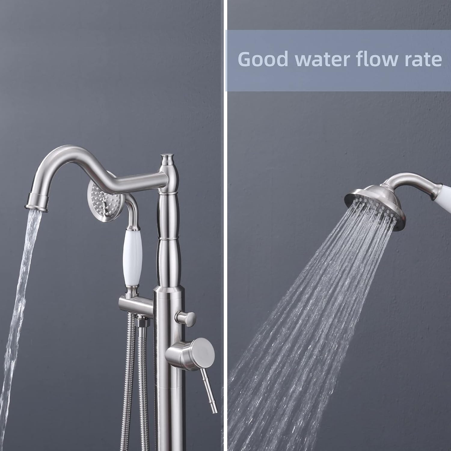 Free Standing Tub Faucet Brushed Nickel, Brass Freestanding Bathtub Faucet, Stylish Tub Filler Stand Alone Clawfoot Tub faucet Tub Fillers Floor Mounted Tub Filler with Rotate Handheld
