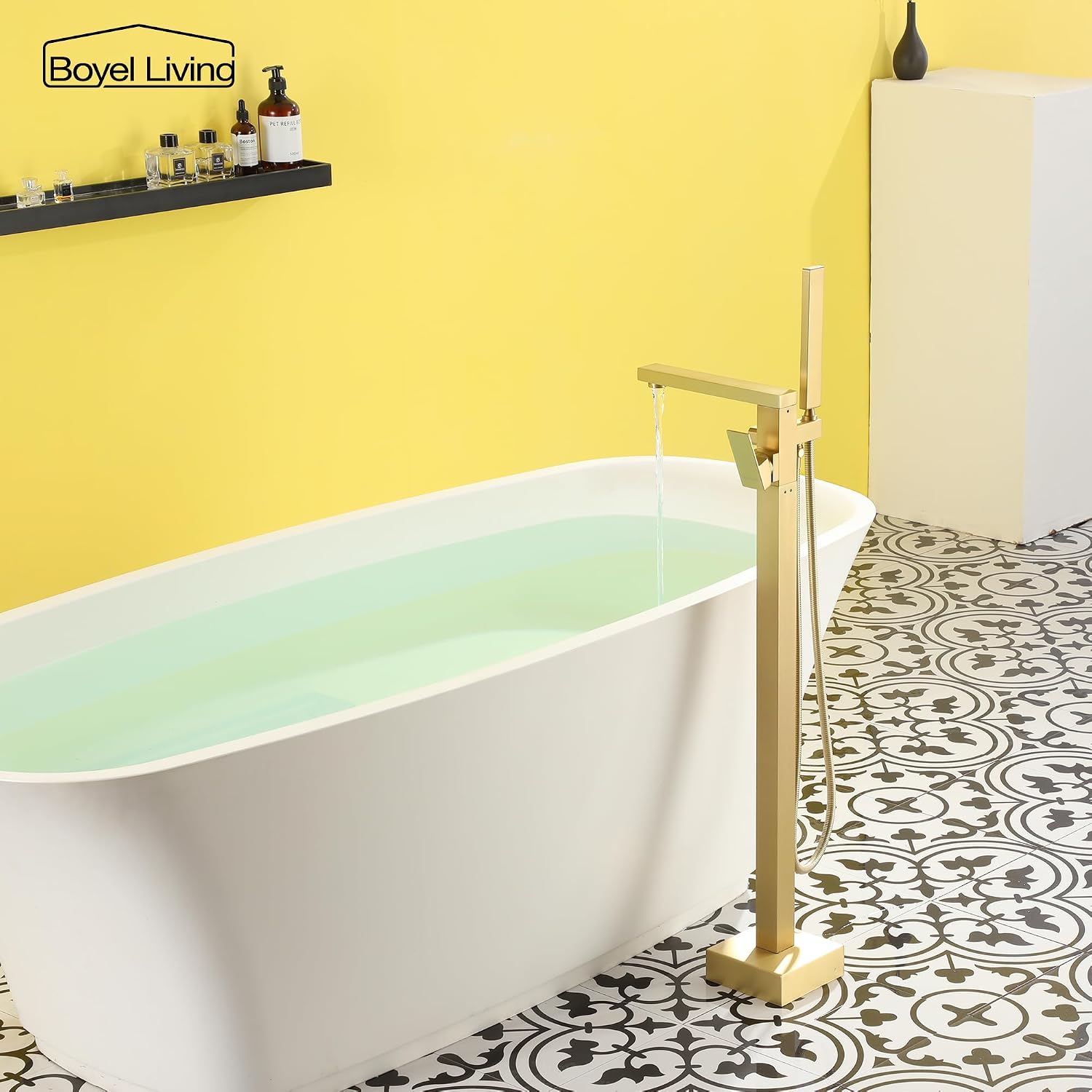 Boyel Living Freestanding Bathtub Faucet Tub Floor Mount Single Handle Filler Faucet with Hand Shower Brushed Gold