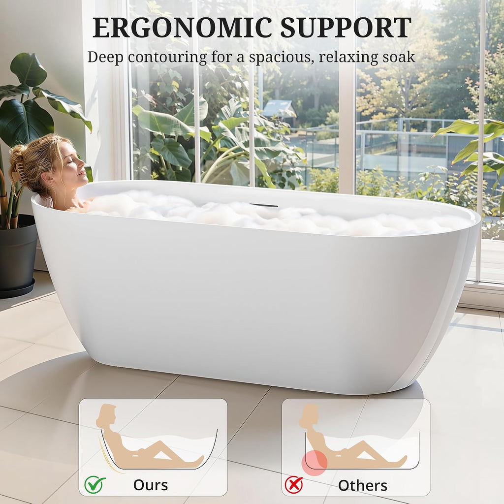 67' Freestanding Bathtub, Acrylic Stand Alone Bathtub, Oval Soaking Tub with Integrated Overflow & Drain, Modern Bath Tubs for Bathroom, Glossy White, cUPC Certified