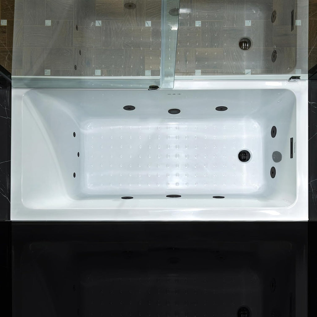 WOODBRIDGE 60' x 30' Alcove Acrylic Rectangular Whirlpool Heated Jetted Tub in White with Left Drain, Matte Black Finish, BS428-L-MB02