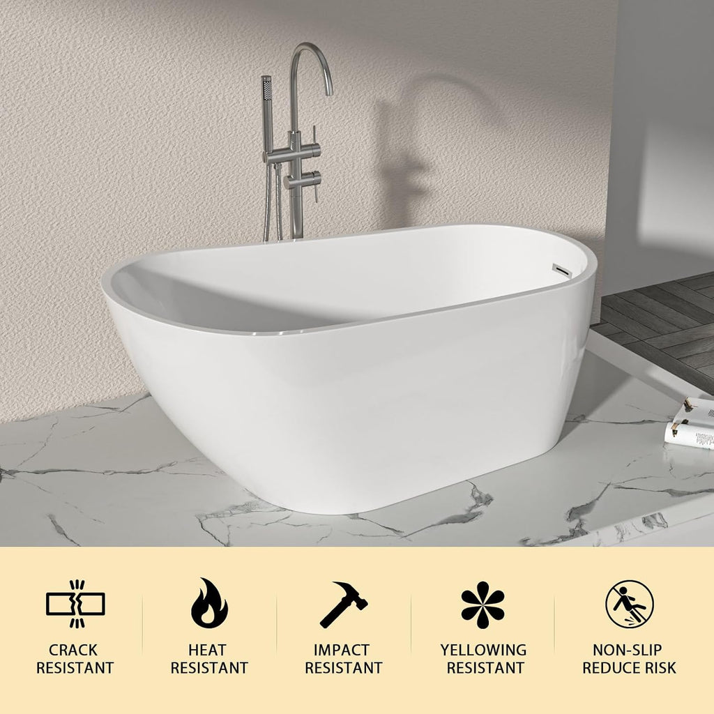 Logmey 59 Inch White Acrylic Freestanding Bathtub with Overflow Oval Shape Soaking Tub with Chrome Drain Assembly for Modern Classic Bathrooms