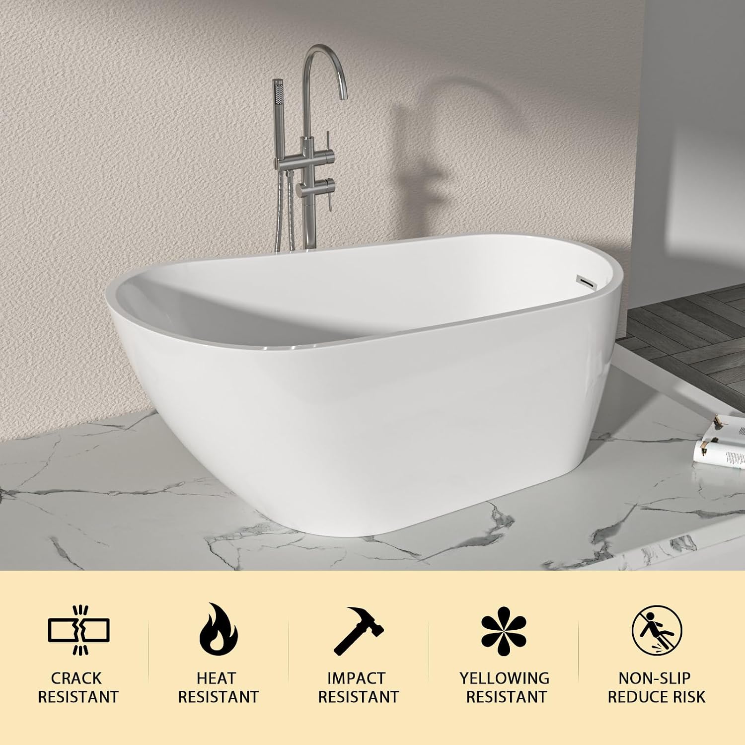 Logmey 59 Inch White Acrylic Freestanding Bathtub with Overflow Oval Shape Soaking Tub with Chrome Drain Assembly for Modern Classic Bathrooms