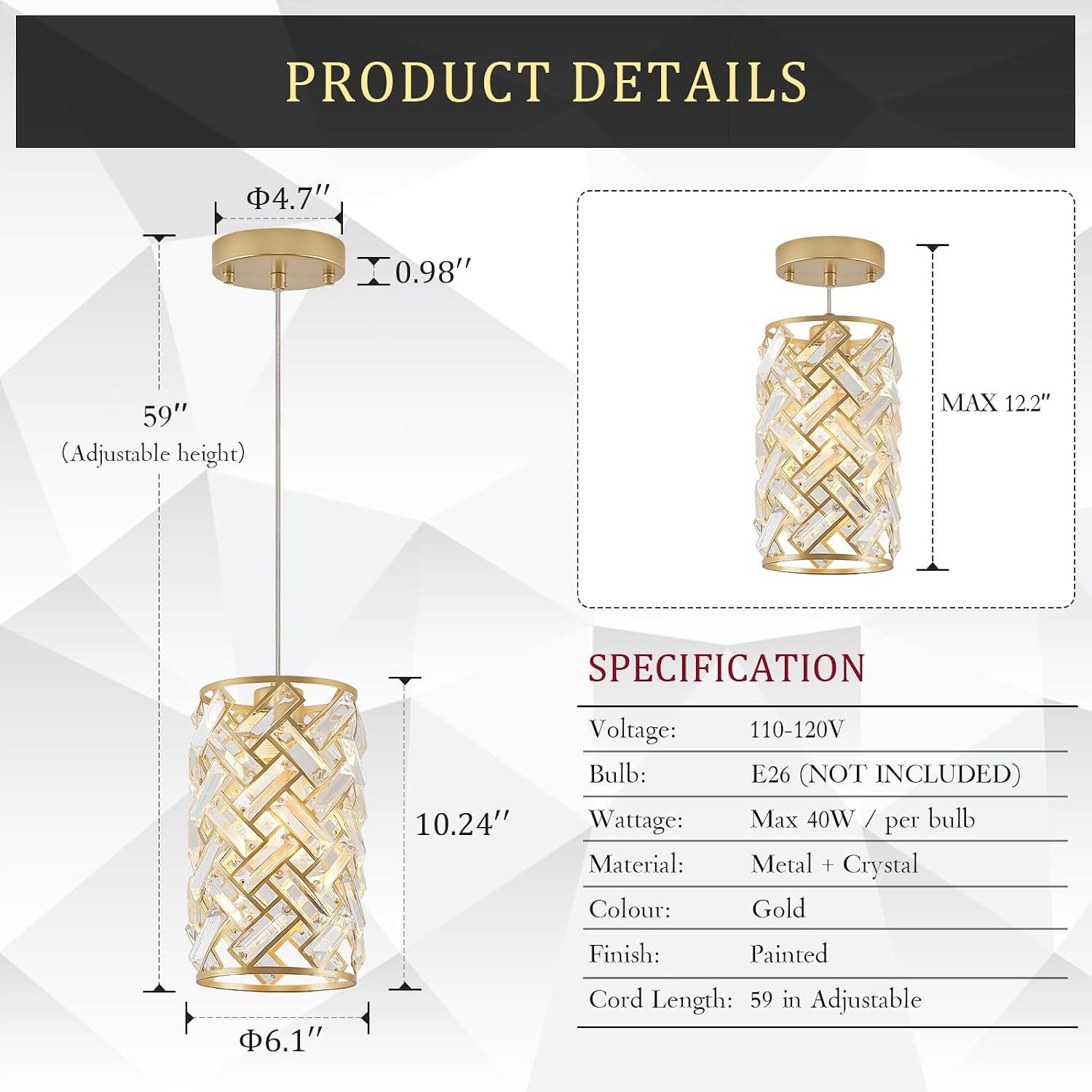 CATINER Modern Crystal Pendant Light Fixture 3-Pack Gold Finish Hanging Lighting Crystal Chandelier for Kitchen Island