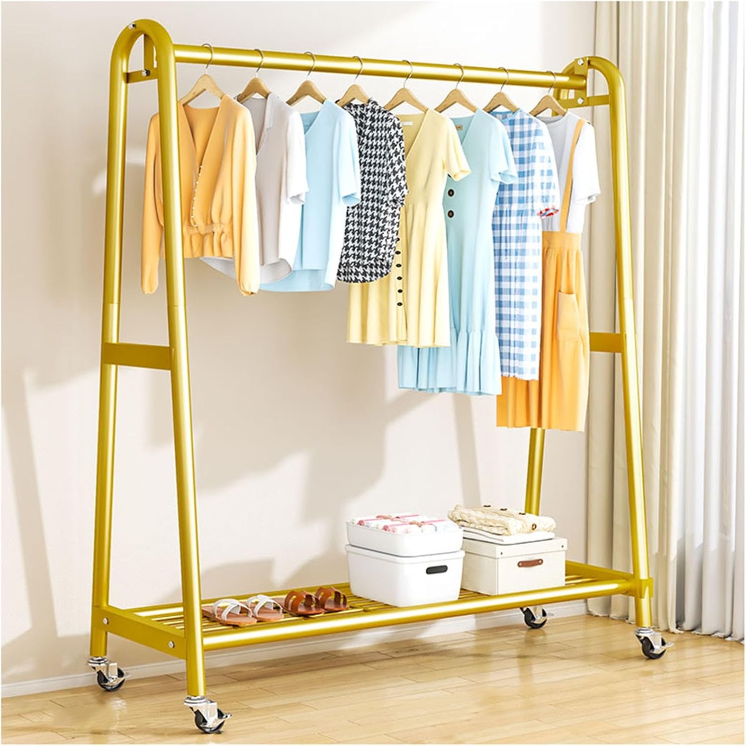 Clothing Rack,Premium Heavy Duty Rolling Clothes Rack With Wheels, Metal Garment Organizer With Storage Shelf, Portable Clothing Stand For Hanging Clothes - Gold, 100X40.5X156,Gold 100X40.5X156Cm