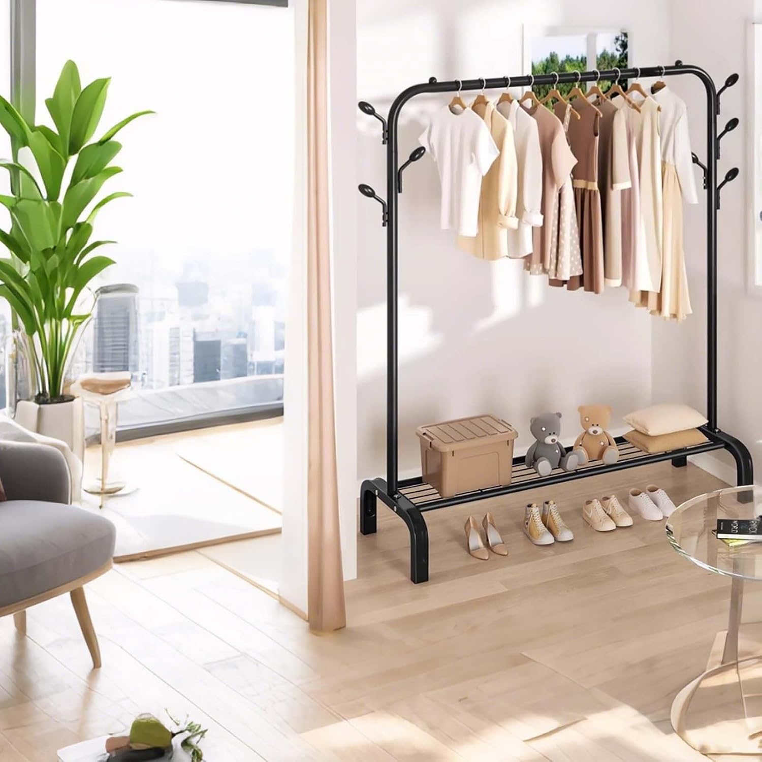 Clothes Rack,Clothing Rack For Hanging Clothes,Metal Garment Rack With Storage Shelf,Free Standing Coat Rack With Hooks,Black(Black,130cm/51.2in)