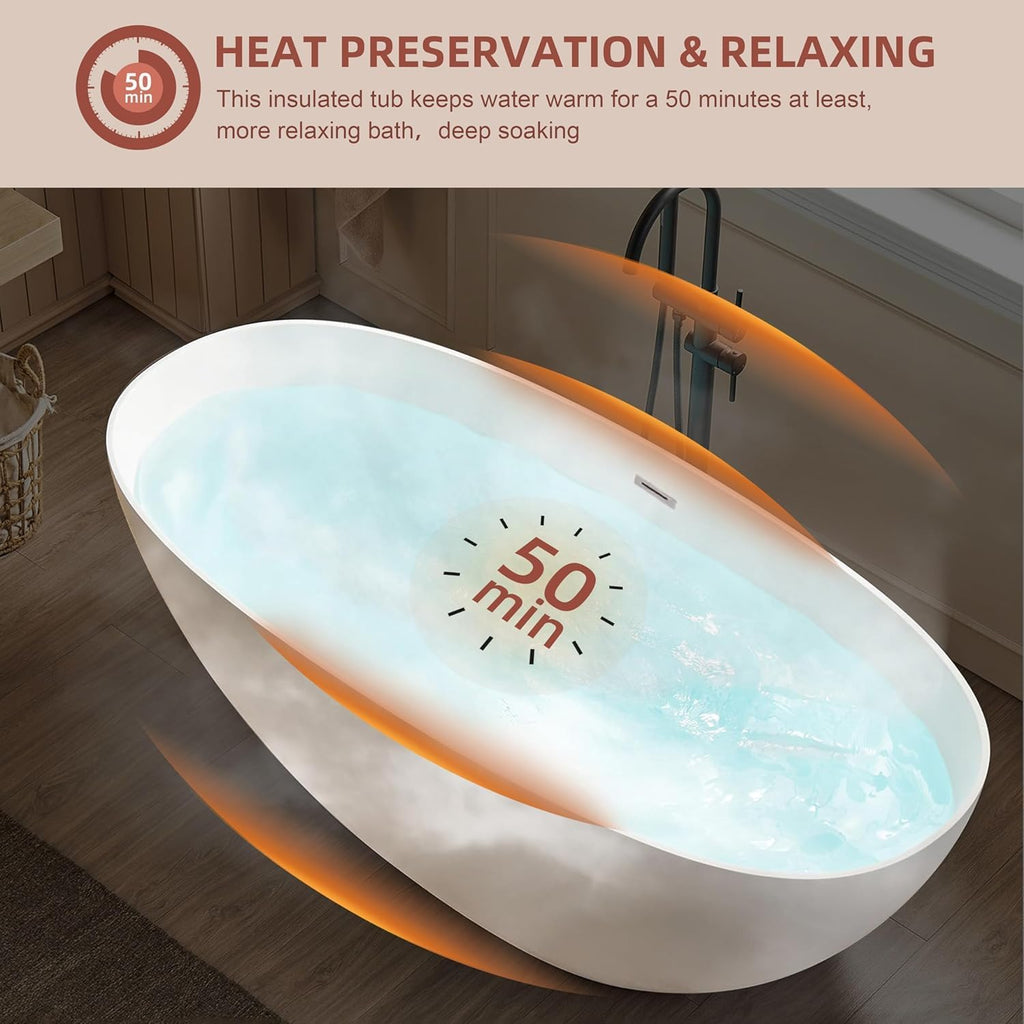 55 Inches Freestanding Soaking Bathtub, Modern Oval Acrylic Hot Tub with Center Chrome Drain & Overflow for Spa, Glossy White