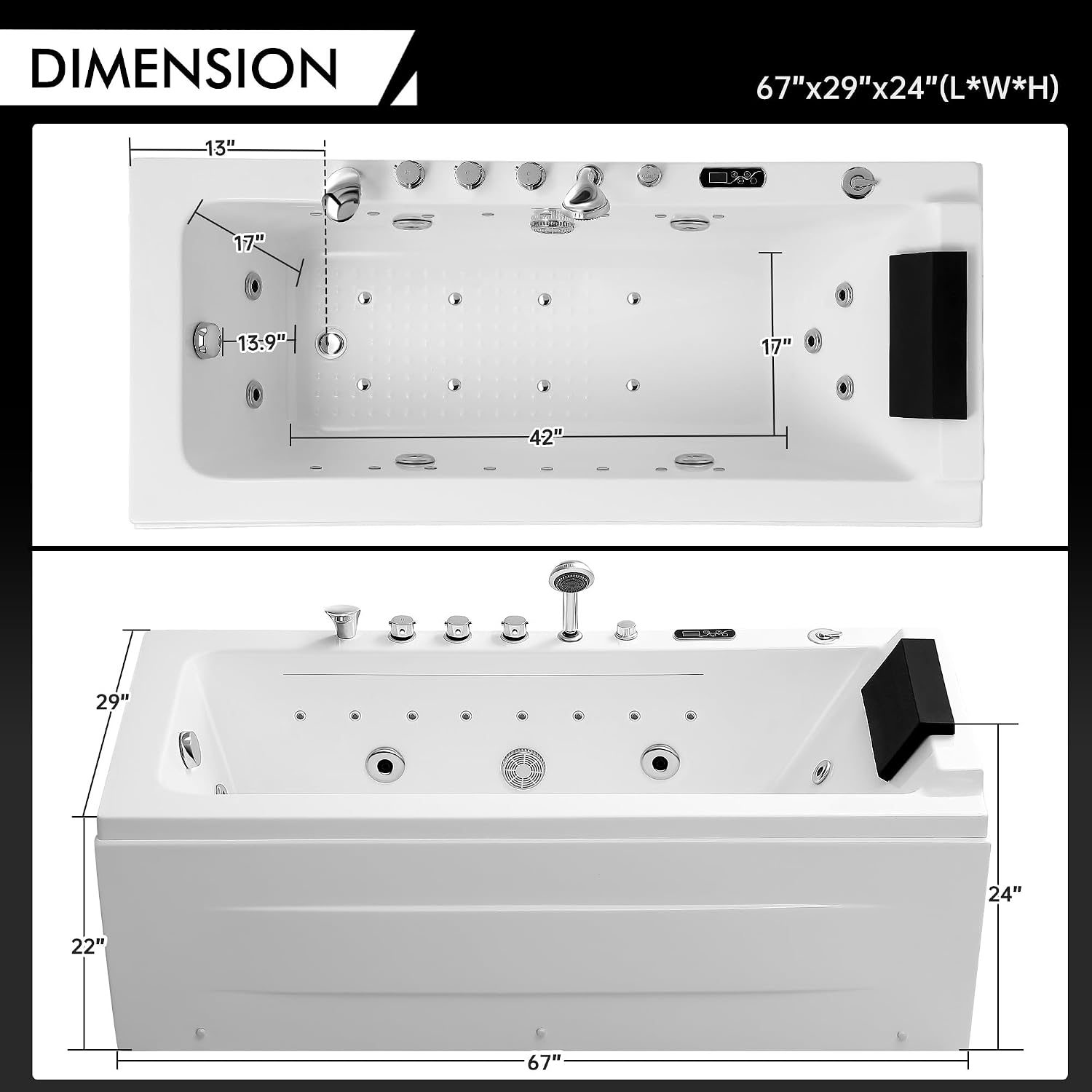 Empava Acrylic Whirlpool Bathtub, 67' Jetted Tub with Heater, Hydro Massage & Chromatherapy, White Modern Freestanding Jetted Air Bathtub