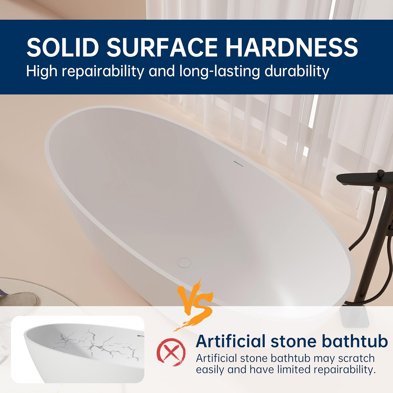65'' Freestanding Bathtub Resin Stone Soaking Freestanding Tubs Matte Solid Surface Flatbottom Tub with Overflow and Pop-up Drain - White…