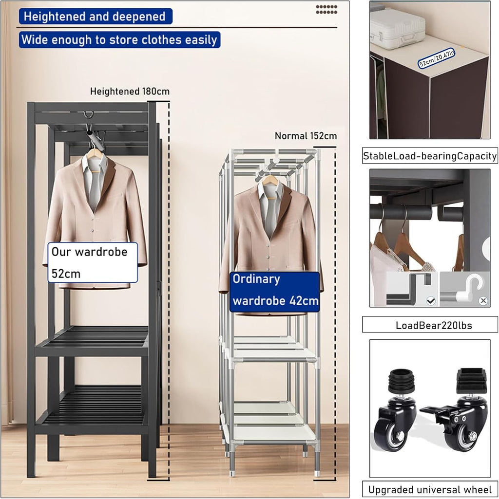 Heavy Duty Clothes Rack With Magnetic Door, Load 1500lbs, Foldable Portable Wardrobe Closet, Hanging Clothing Metal Garment Rack Closet System For Bedroom,Apartments,Rentals (Brown KT, 190cm/75in)