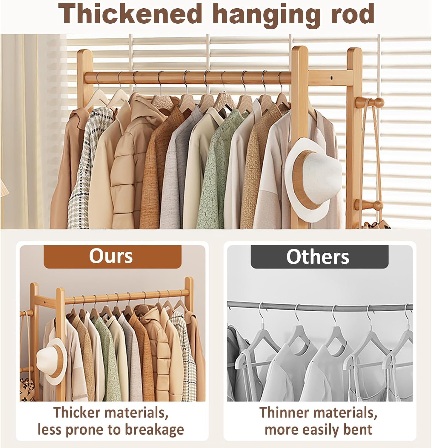 Solid Wood Clothing Rack, Heavy Duty Clothes Racks with Wheels, Rolling Garment Rack with 2 Shelves Storage, for Hallway Bedroom Living Room Entryway (Natural wood color, Small)
