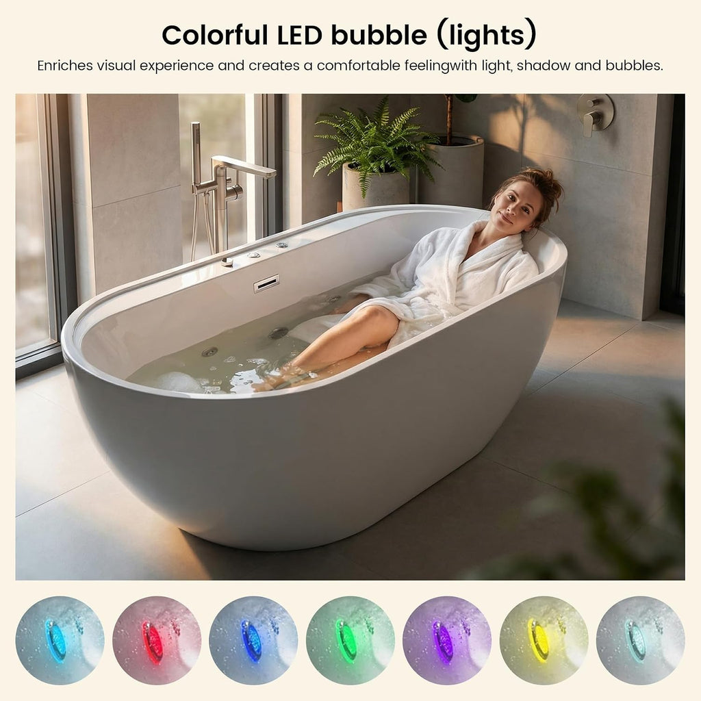 67x31.5 Inch Freestanding Jetted Whirlpool Bathtub | 6 Massage Jets, 8 Air Bubble System, Color-Changing LED Chromatherapy & Adjustable Hydro Massage (white-3)