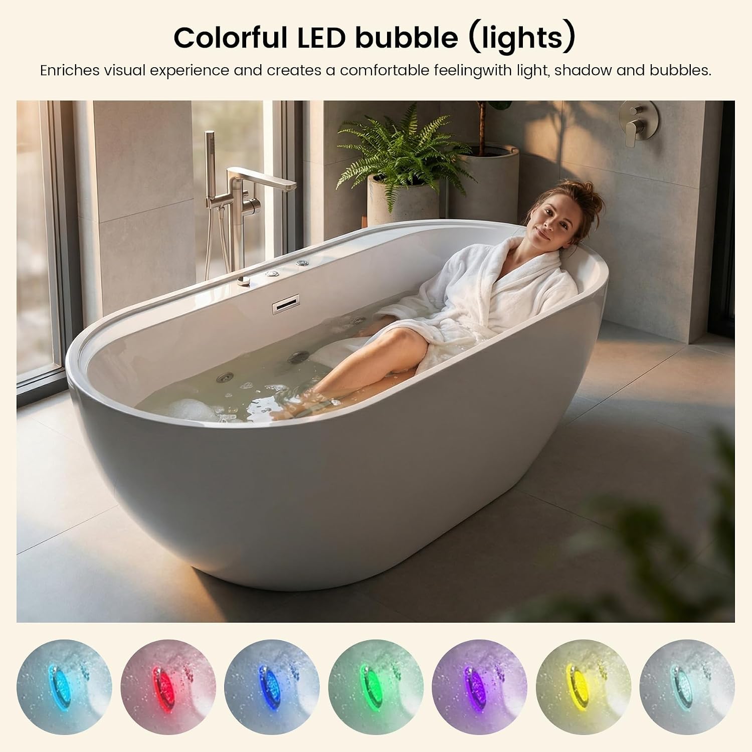 67x31.5 Inch Freestanding Jetted Whirlpool Bathtub | 6 Massage Jets, 8 Air Bubble System, Color-Changing LED Chromatherapy & Adjustable Hydro Massage (white-3)