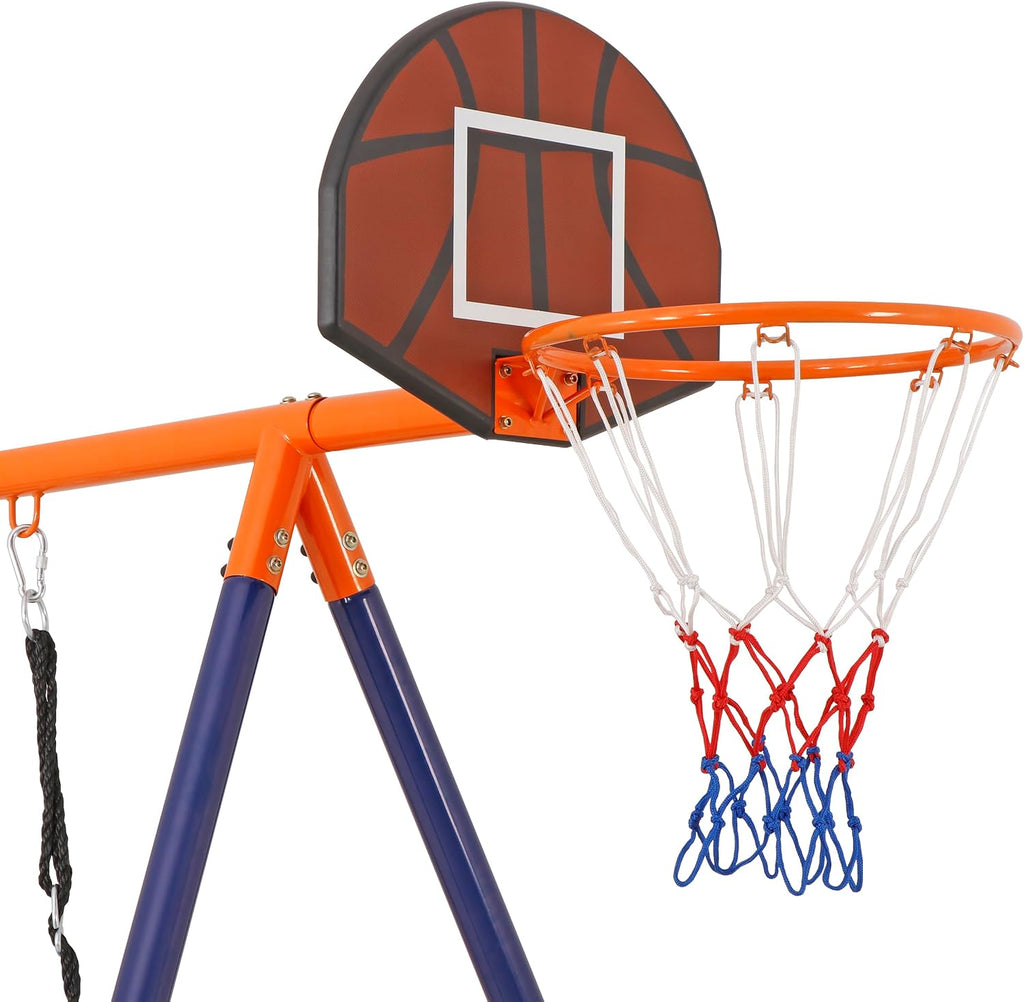 Metal Swing Sets for Backyard, Heavy Duty Toddler Playset Kids Playground Set with Hammock Swing, Belt Swings, Glider, Climbing Ladder and Nets, Basketball Hoop for Outdoor, 660 lbs
