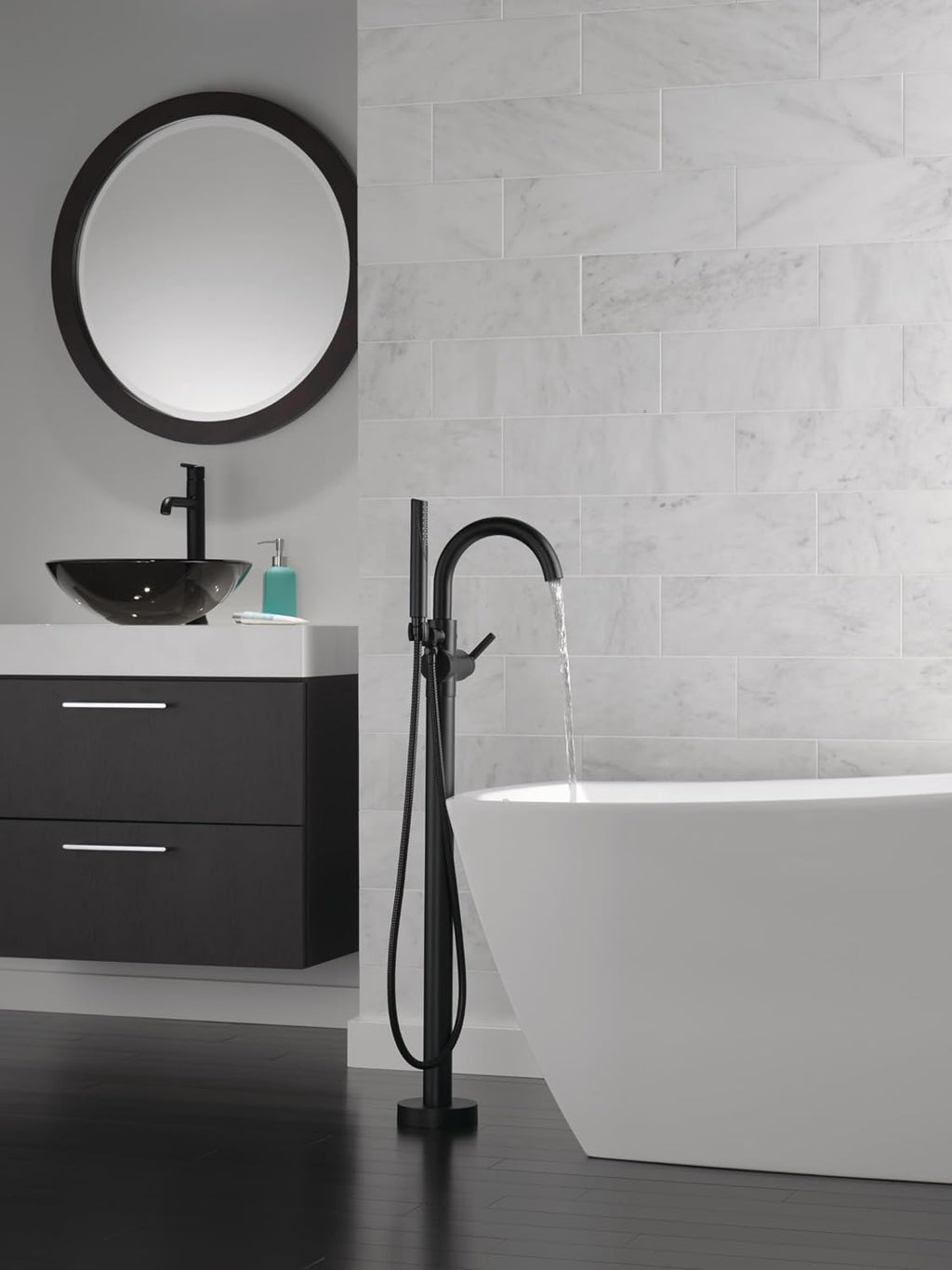 Delta Faucet Trinsic Floor Mount Tub Filler - Freestanding Roman Tub Spout with Handheld Shower - Flexible Shower Hose - Double Check Valves - Matte Black, T4759-BLFL (Rough Sold Separately)