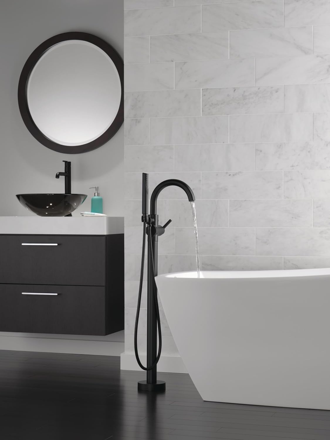 Delta Faucet Trinsic Floor Mount Tub Filler - Freestanding Roman Tub Spout with Handheld Shower - Flexible Shower Hose - Double Check Valves - Matte Black, T4759-BLFL (Rough Sold Separately)