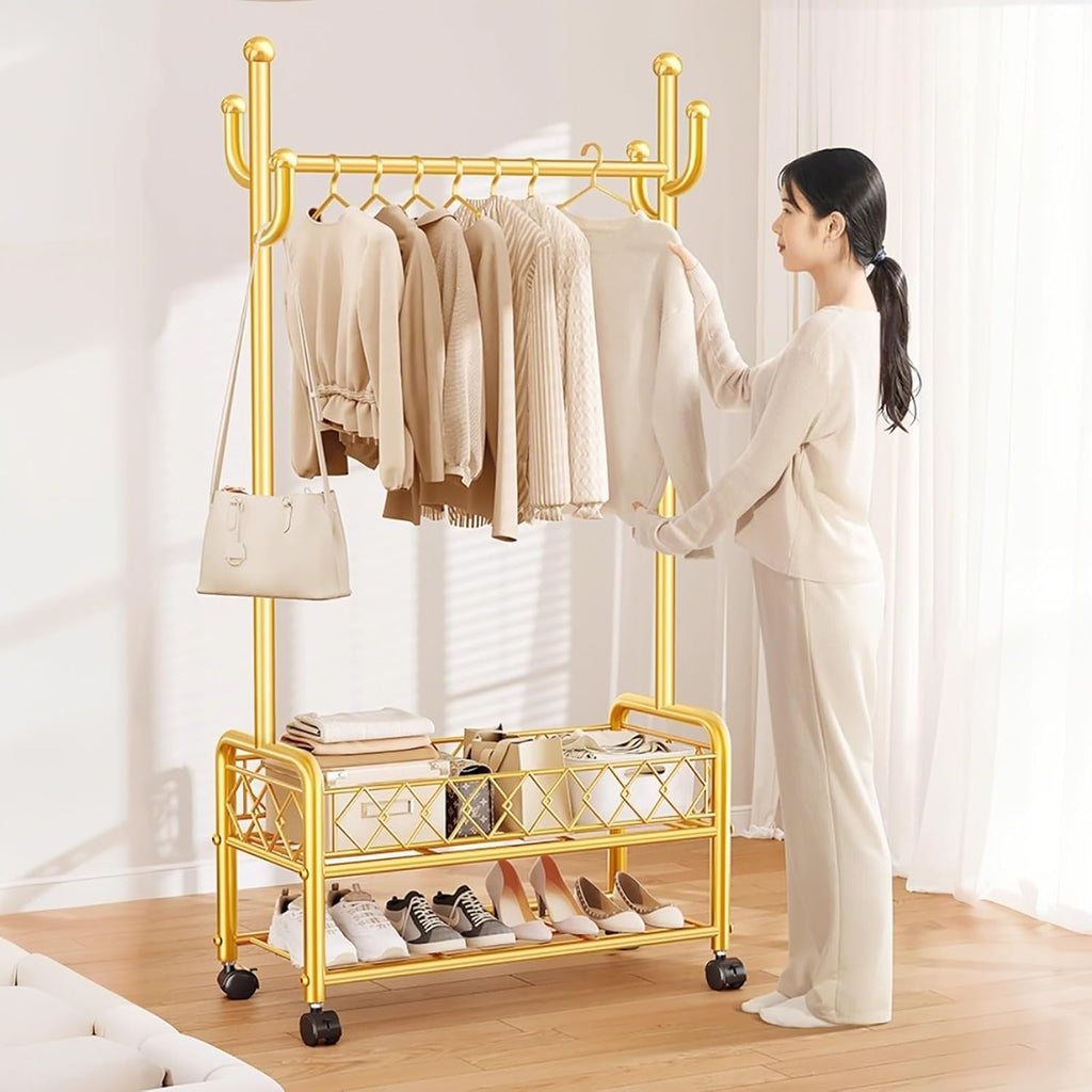 Clothes Rack With Storage Bottom Shelves And Coat/Hat Hooks,Garment Racks,Freestanding Rolling Clothes Organizer On Wheels For Hanging Clothes,For Bedroom Living Room(Black,80cm(31.5in))