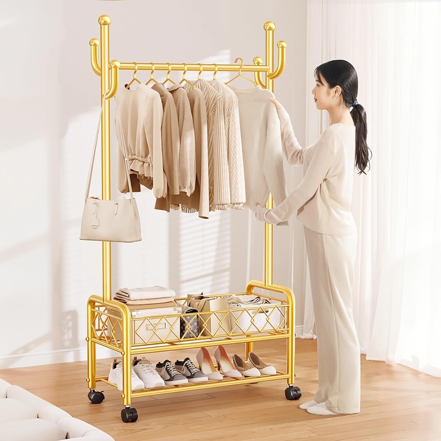 Clothes Rack With Storage Bottom Shelves And Coat/Hat Hooks,Garment Racks,Freestanding Rolling Clothes Organizer On Wheels For Hanging Clothes,For Bedroom Living Room(Black,80cm(31.5in))