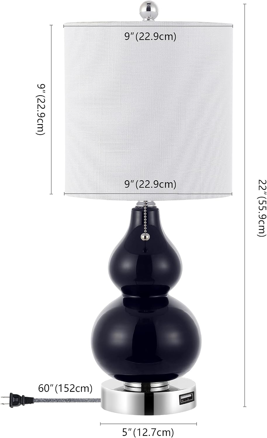 JONATHAN Y 22' Chrome/Navy Cora Glass Table Lamp Set of 2 with USB Charging Port, Classic Bedside Nightstand Lamps for Living Room, White Linen Shade, LED Bulb (JYL1125B-SET2)