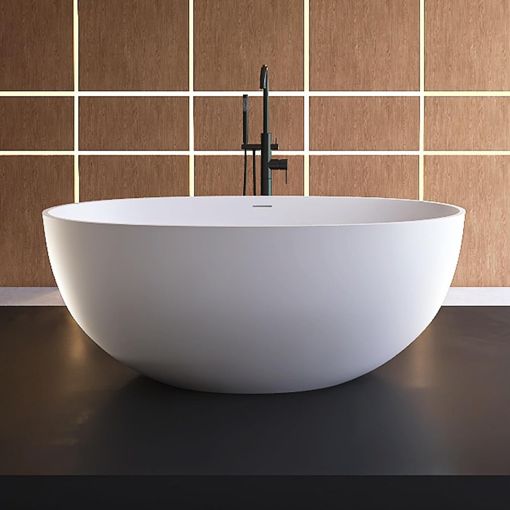 Oval 55' Freestanding Bathtub, Stone Resin Matte White | Solid Surface Stand Alone Bathtub, Modern Soaking Tub with Overflow and Pop-up Drain, cUPC Certified